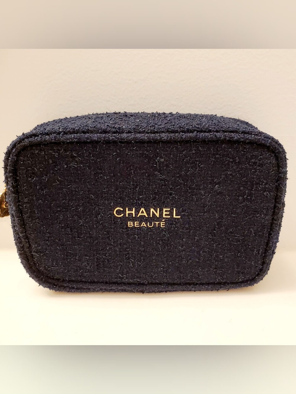 CHANEL Navy Tweed Beauté Cosmetic Case with Gold Logo, Classic Beauty